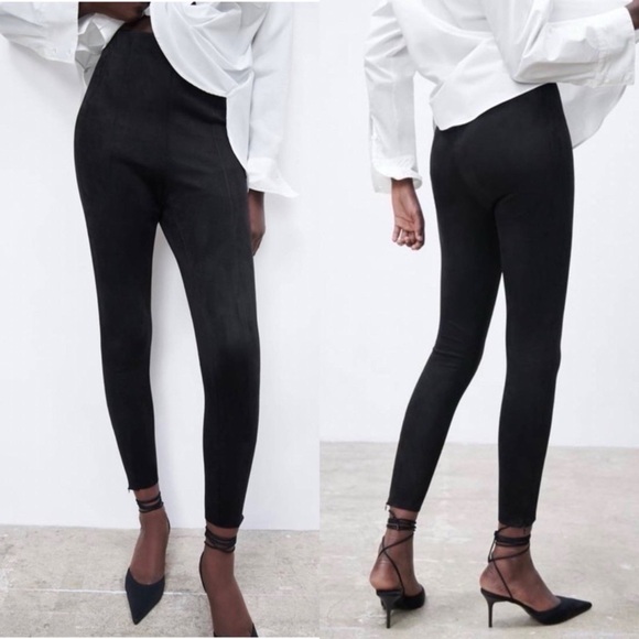 Zara faux suede high waisted pull on pants legging size medium black - Picture 1 of 12